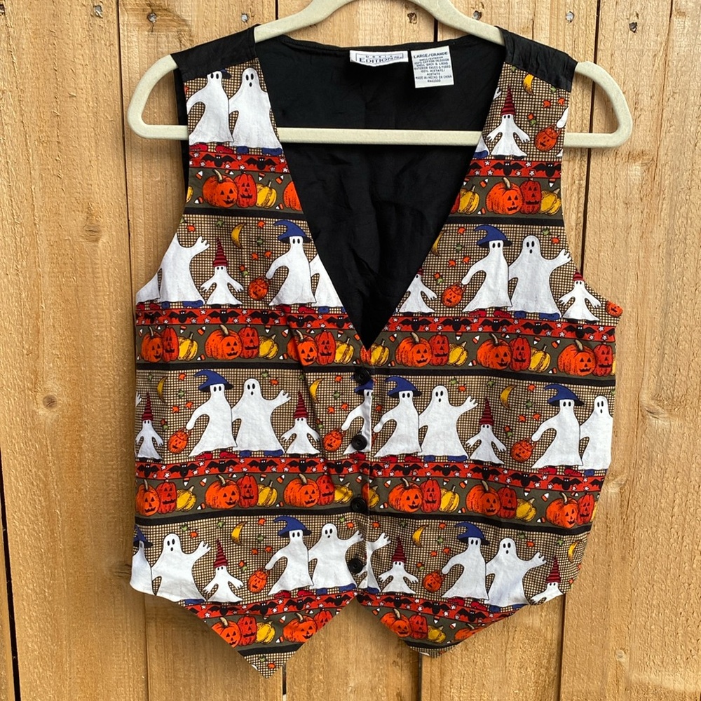 Vintage 90s Halloween Vest Size Large Ghosts Jack O Lantern Pumpkin Black Orange